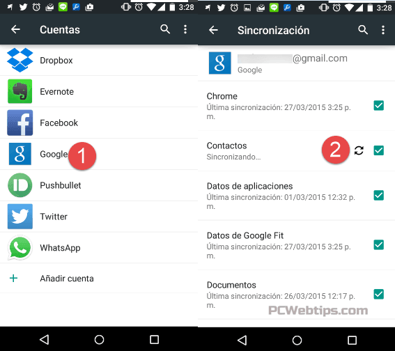 Sincronizar contactos pantalla Android