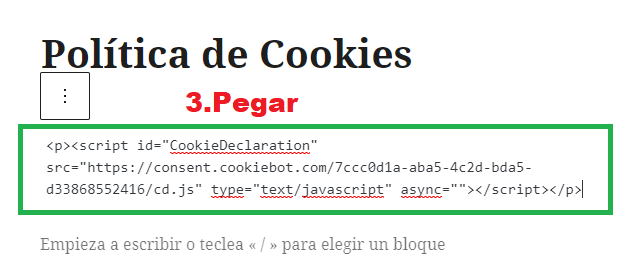 Pegar script en la página Política de Cookies